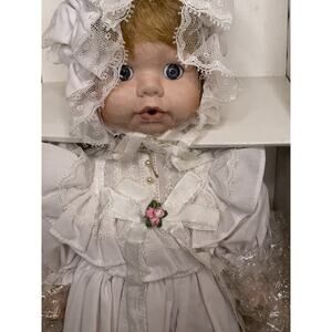 Duck House Porcelain Doll And Pillow 14” With Stand